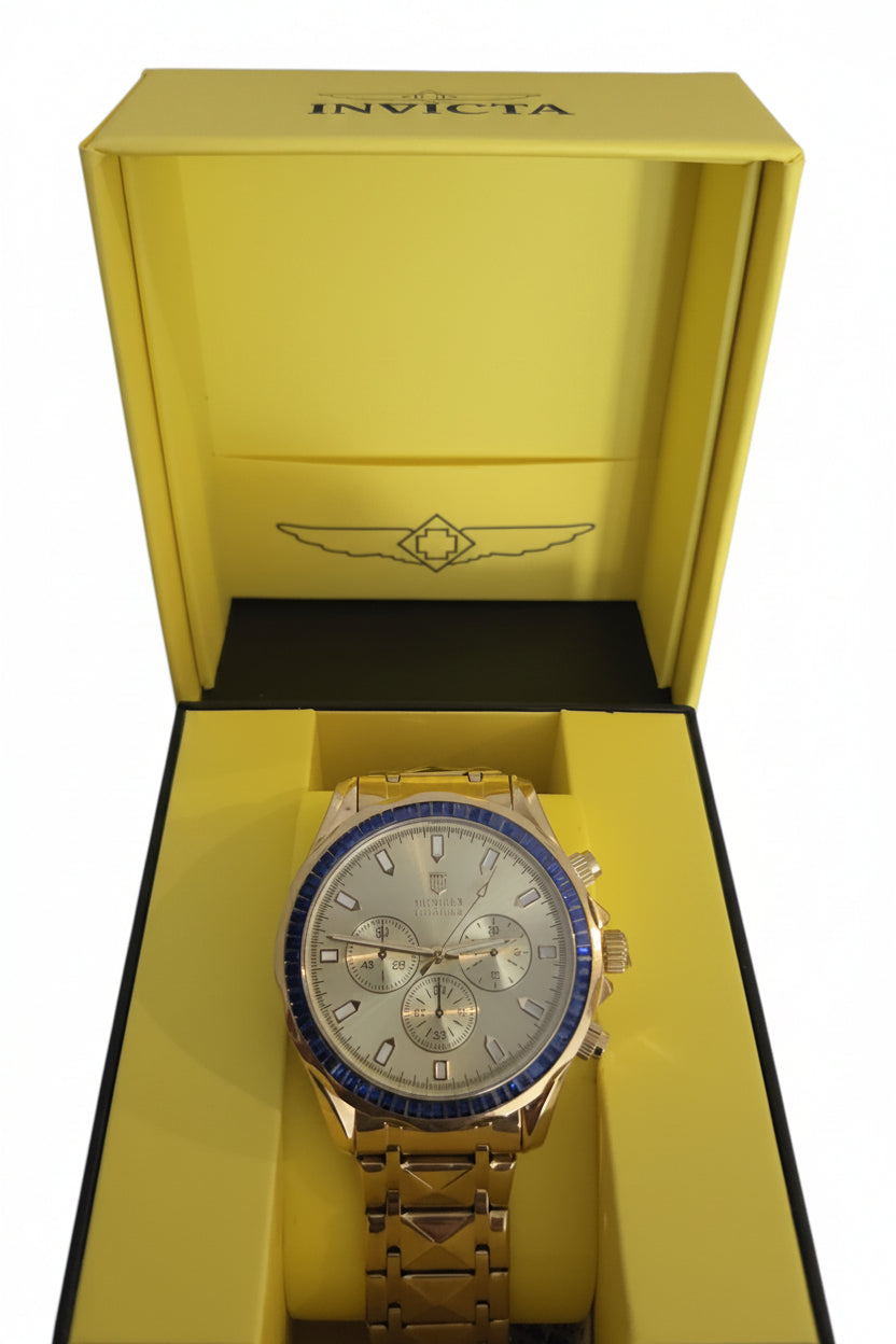 Maurice Lacroix Men's Chronograph Watch | Rose Gold Tone Stainless Steel | Silver Dial | Blue Bezel | Luxury Watch